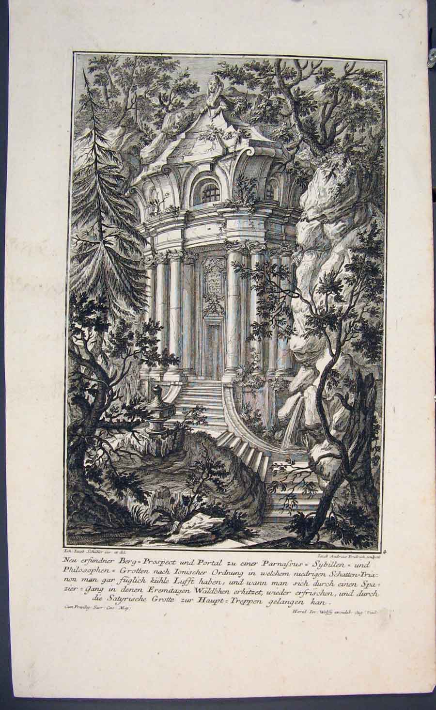Old Antique Print By J. Schubler Engraved Plate C1720 Sculputre A Fredric