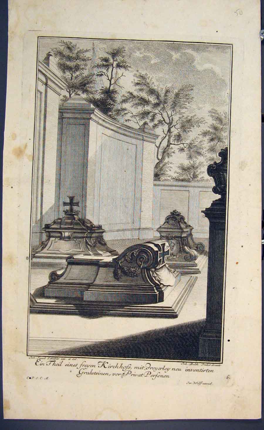 Original Old Antique Print By J. Schubler Church Tombs Engraving Fine Art C1702