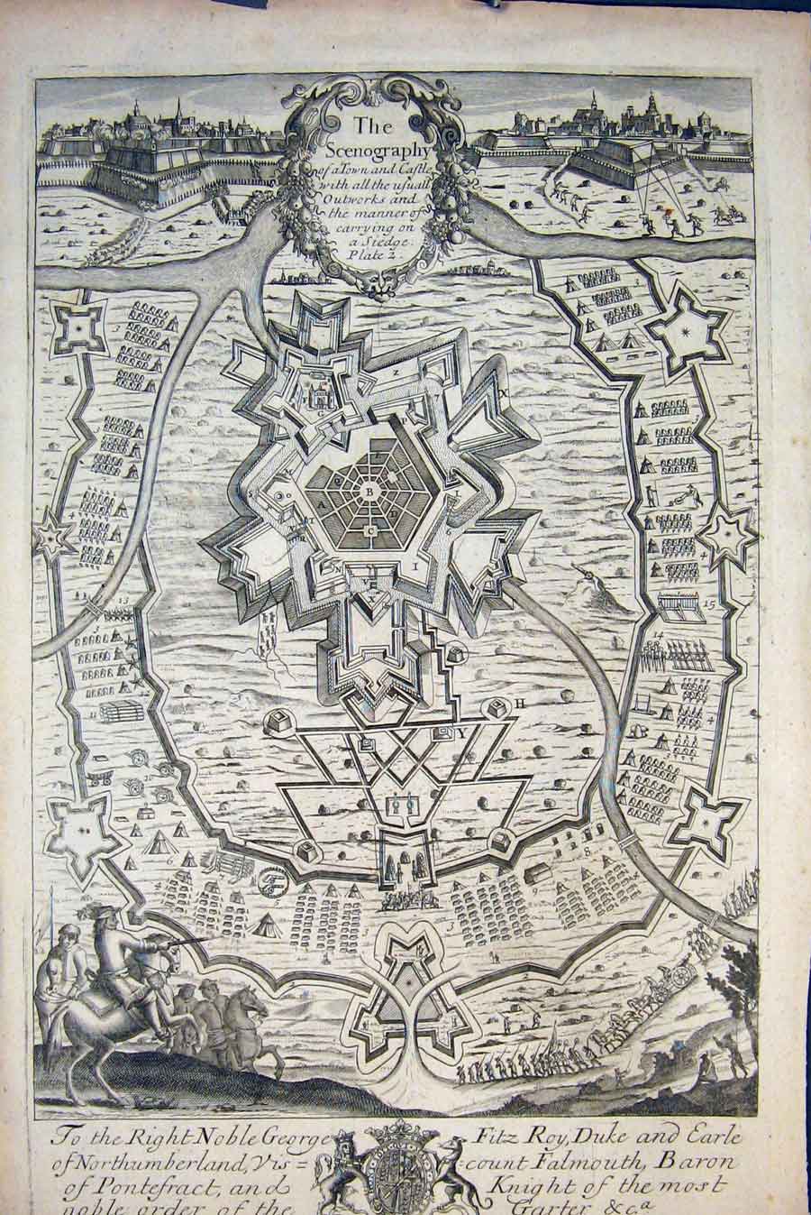 Original Old Antique Print Blomes Receptions Scenorgaphy A Town And Castle