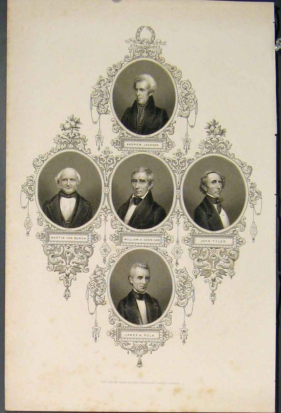 Original Old Antique Print Andrew Jackson Van Buren Harrison Tyler Polk Portrait