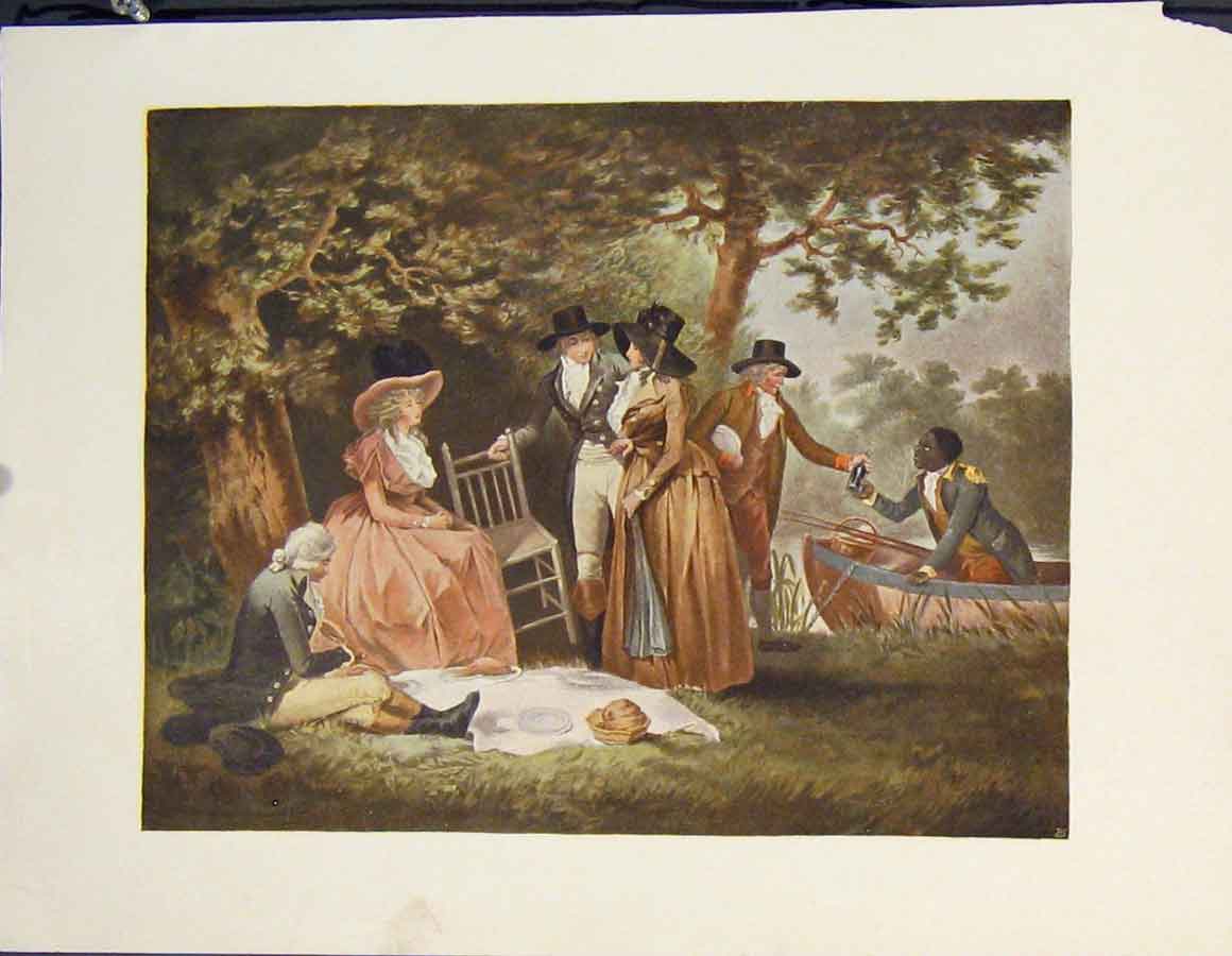 Original Old Antique Print Picnic River Food Boat Color Fine Art C1902 20th