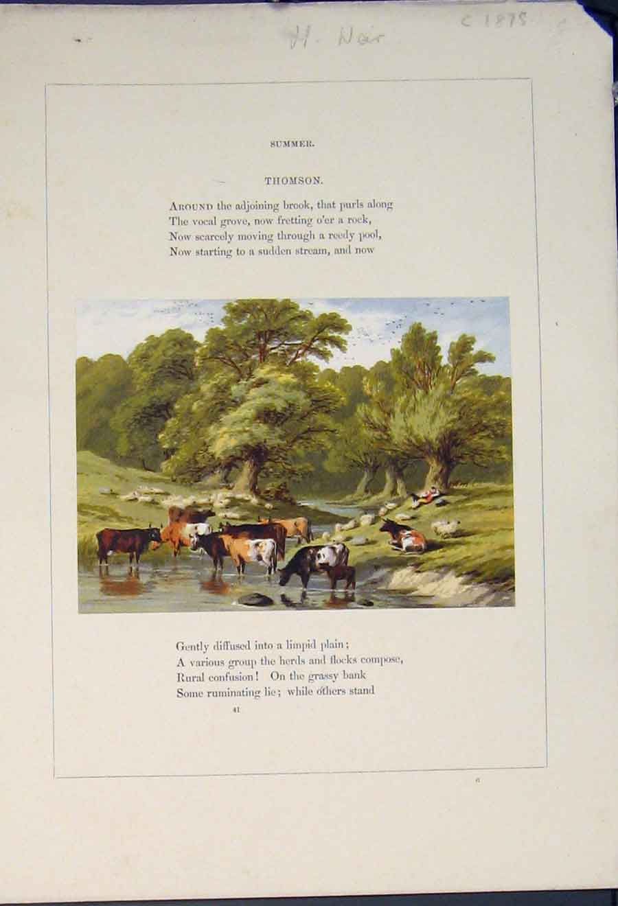 Old Antique Print Summer Thomson Cows Drinking Poem Poetry Poet Art C1875 19th