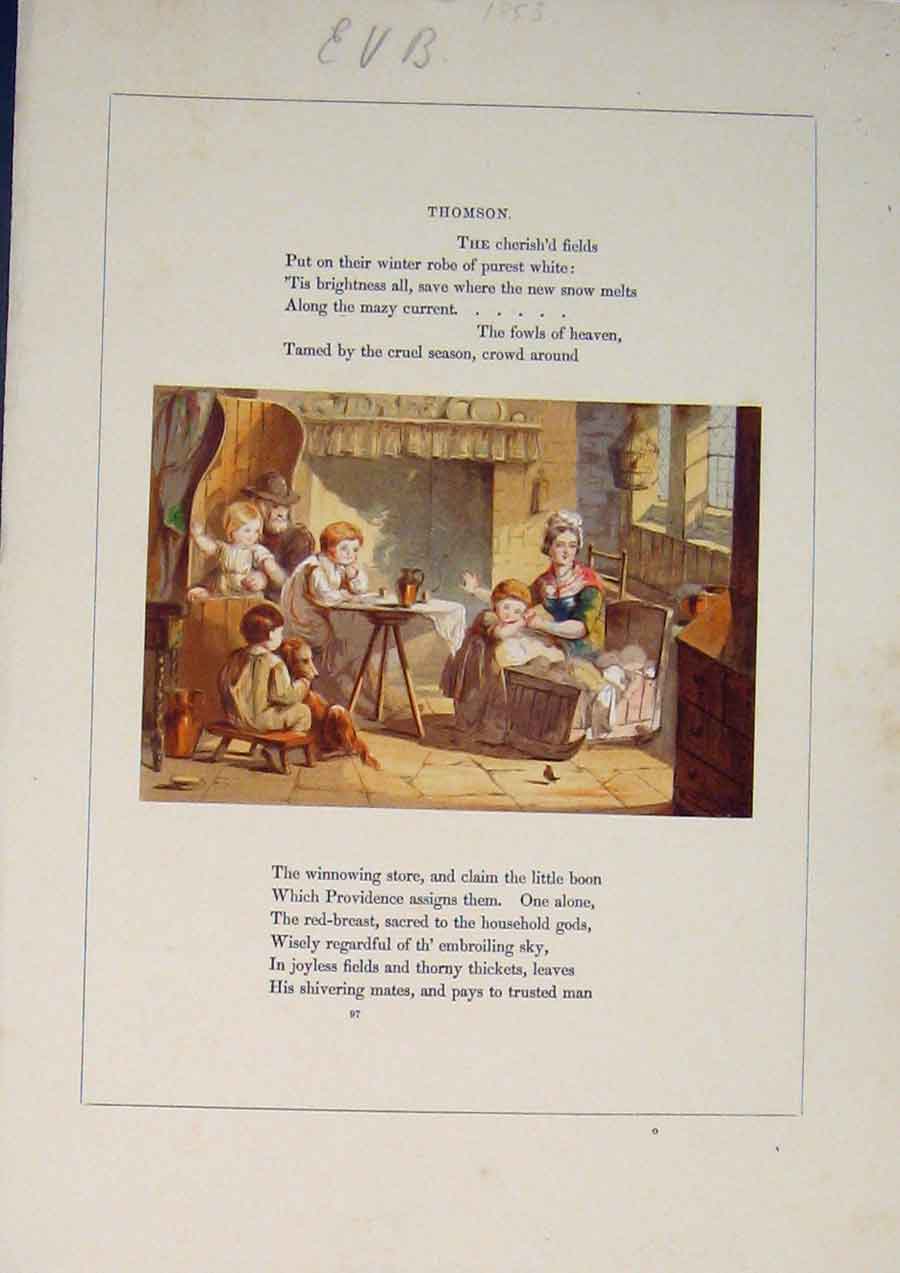 Old Antique Print Thomson Poem Poet Poetry Family Sitting Room Art C1853 19th