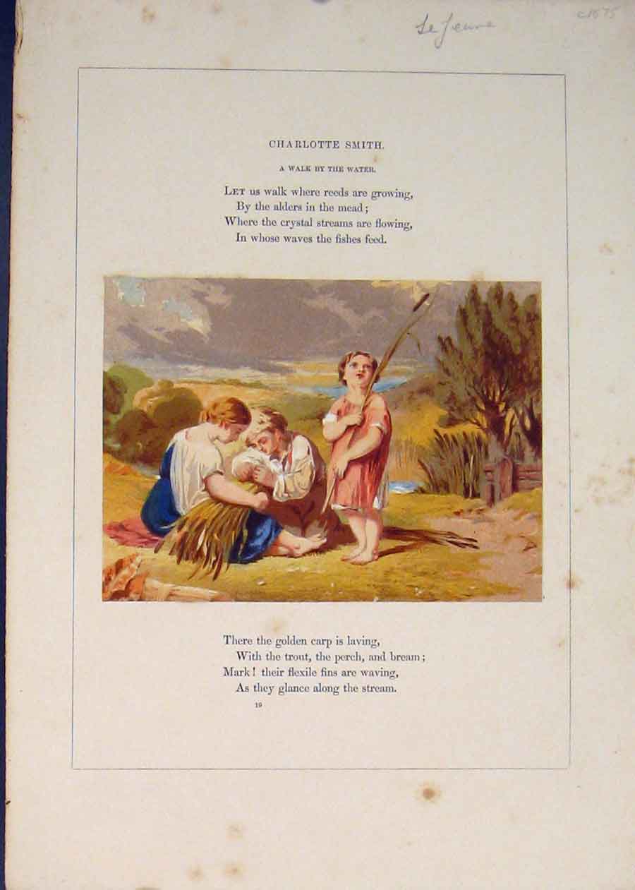 Old Antique Print Le Seane Charlotte Smit Reed Walk River Poem Poetry Art