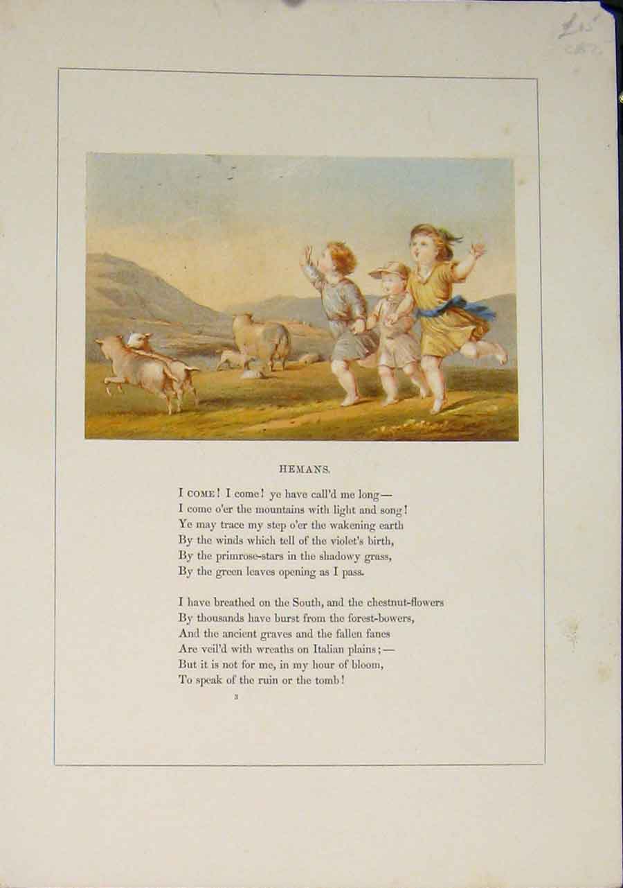 Old Antique Print Hemans Poem Poet Poetry Artist Children Sheep Art C1875 19th