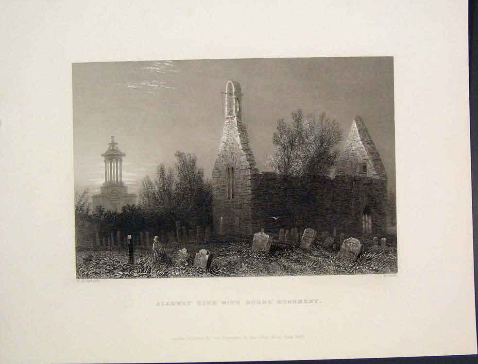 Original Old Antique Print Alloway Kirk Burn'S Monument Scotland C1875 Victorian