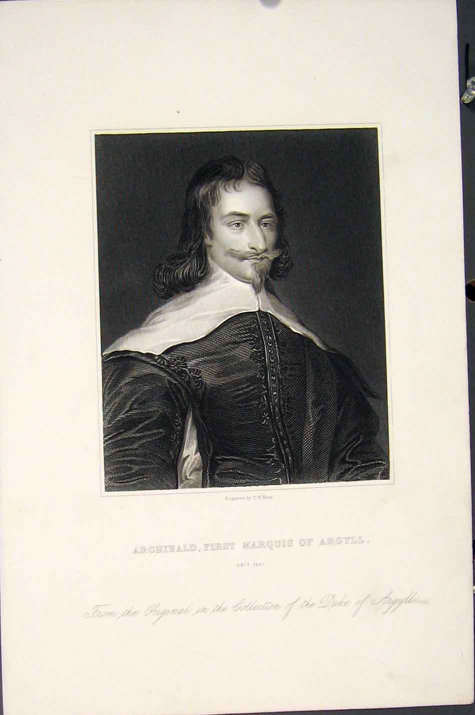 Original Old Antique Print Potrate Archibald First Marquis Argyll C1877 19th