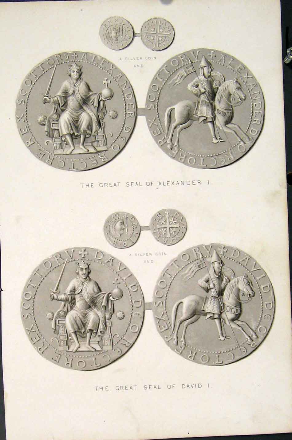 Original Old Antique Print Seal Coin Coins Alexander David Fine Art