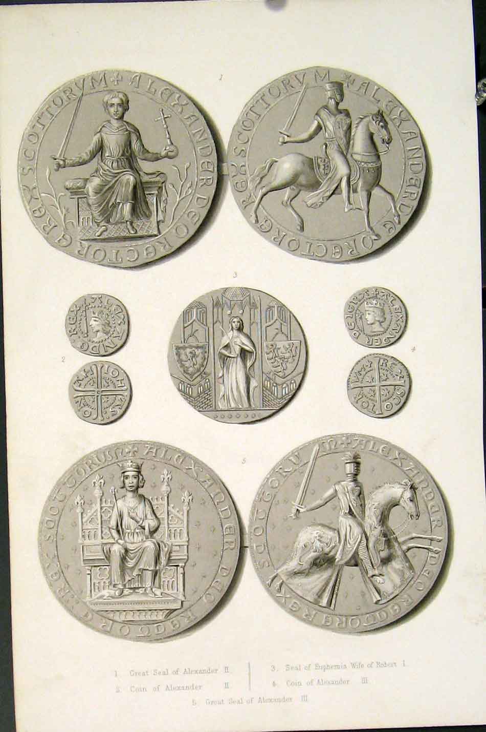 Original Old Antique Print Seal Coin Coins Alexander Euphemia Wife Robert 19th