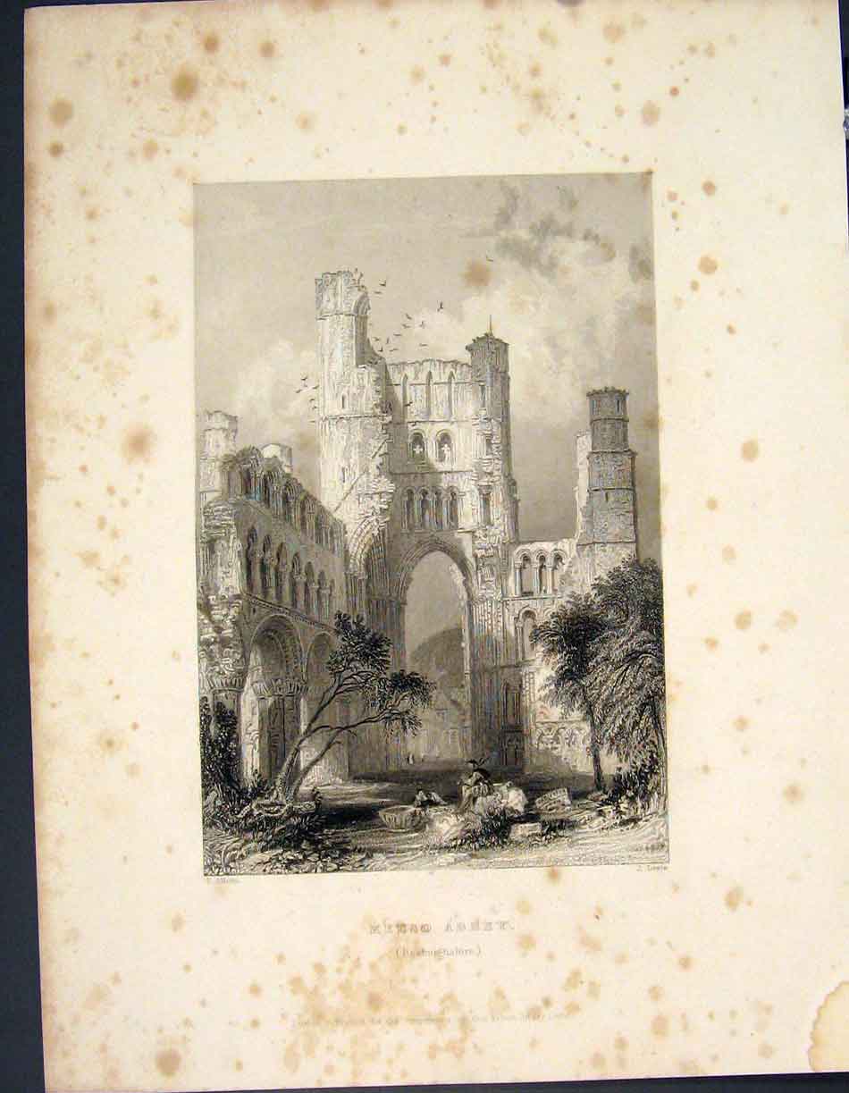 Original Old Antique Print Kelso Abbey Roxburhgshire Scotland C1877 Victorian