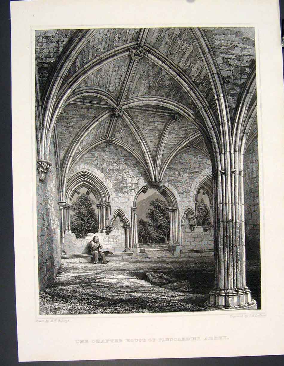 Original Old Antique Print Chapter House Pluscardine Abbey Scotland C1877 19th