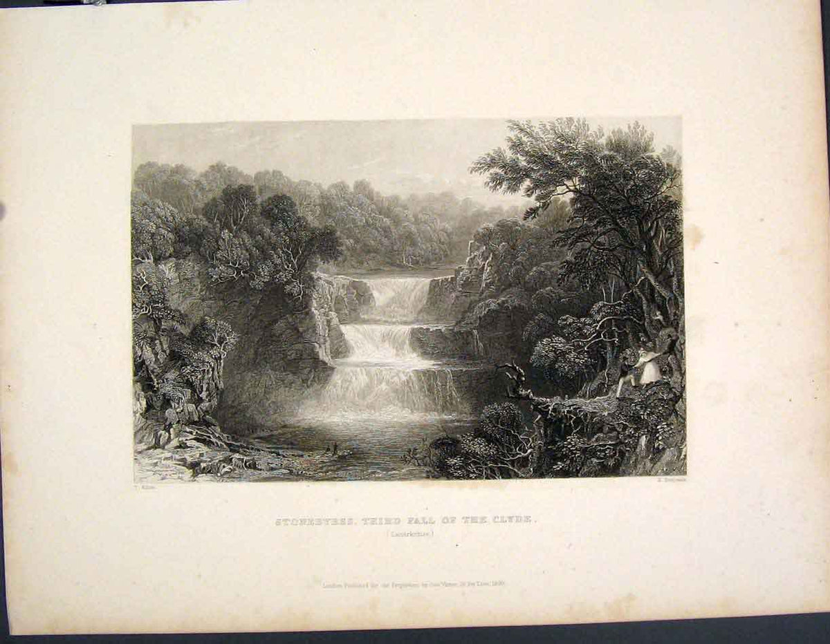 Original Old Antique Print Stonebyres Third Fall Clyde Lanarshire Scotland |