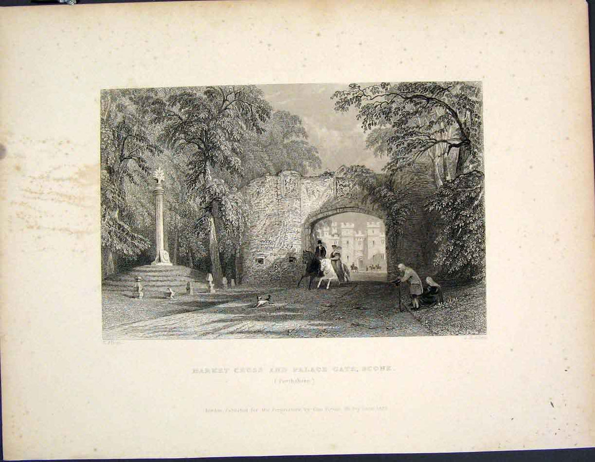 Original Old Antique Print Market Cross Palace Gate Scone Perthshire Scotland