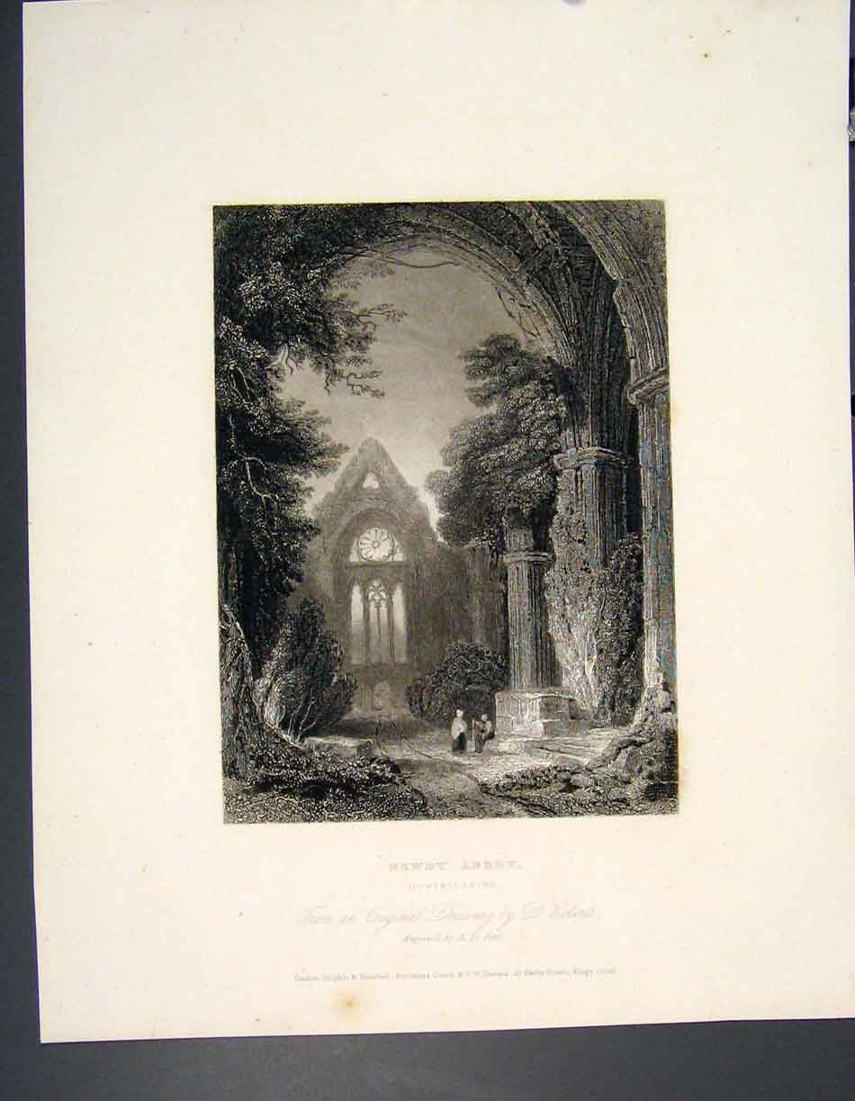 Original Old Antique Print Newby Abbey Dumfrieshire Roberts Scotland Art