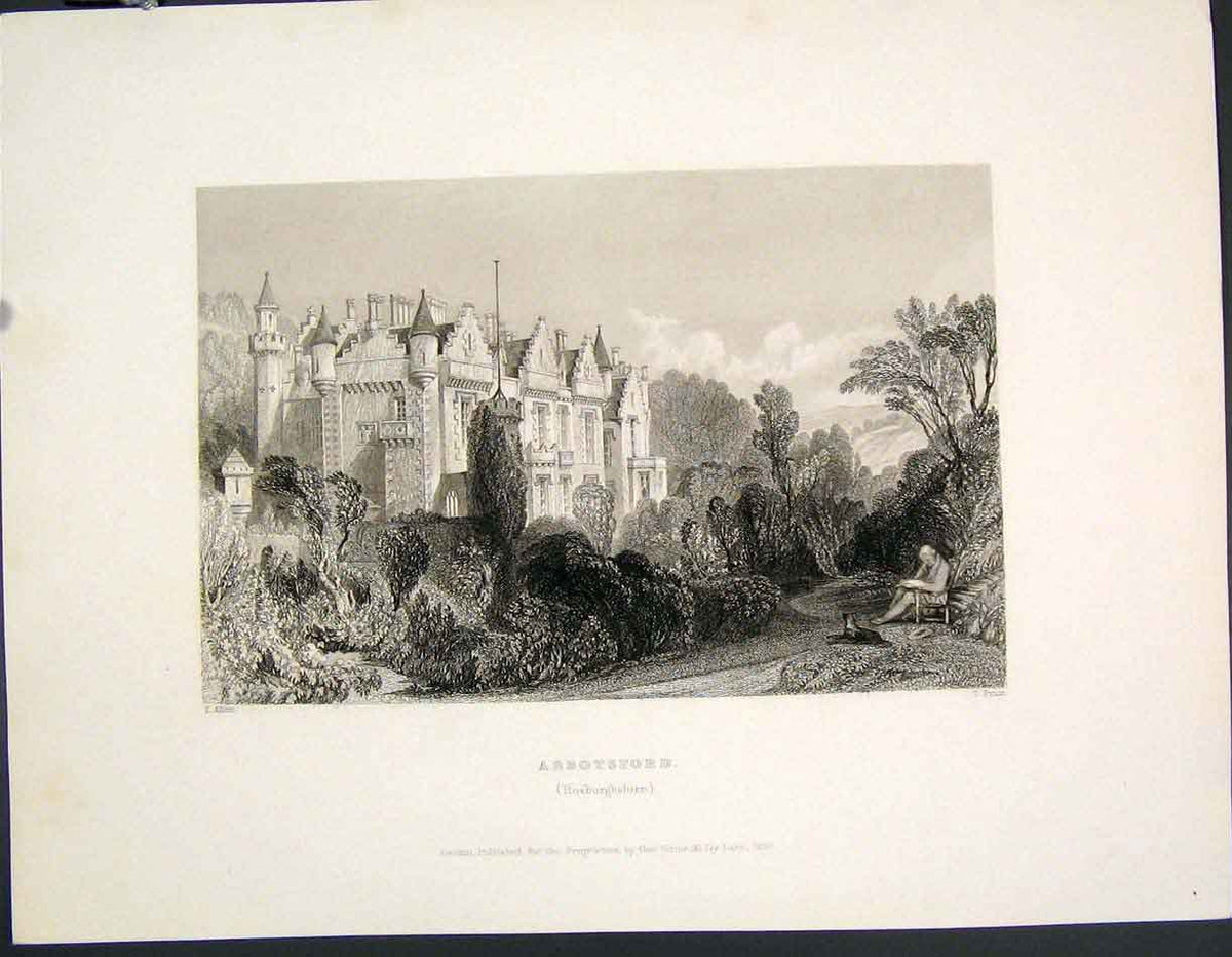Original Old Antique Print Abbotsford Roxburghshire Scotland Castle