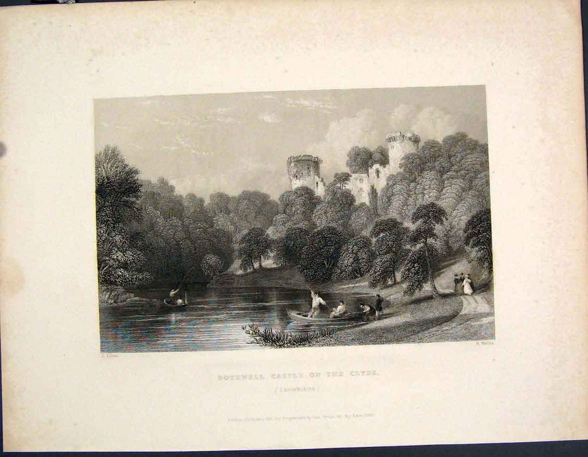 Original Old Antique Print Bothwell Castle River Cylde Lanarkshire Scotland 19th