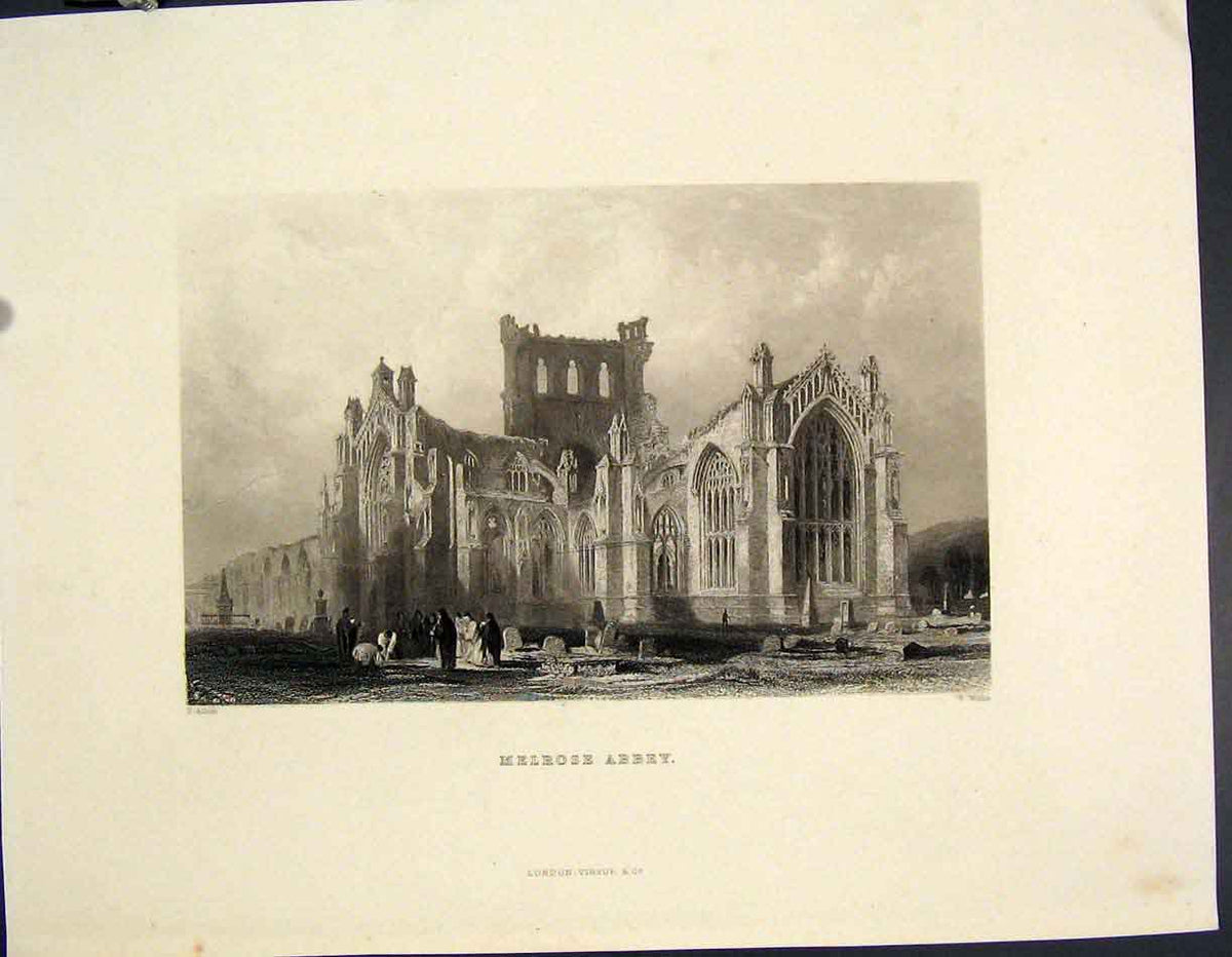Original Old Antique Print Melrose Abbey Scoltand Fine Art C1877 19th