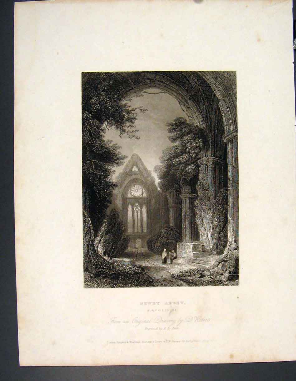Original Old Antique Print Newby Abbey Dumfrieshire Scotland