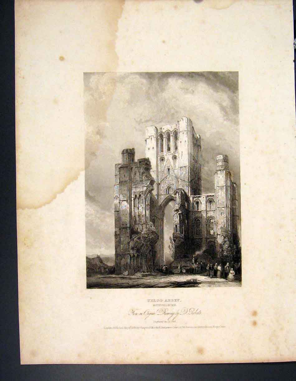 Original Old Antique Print Kelso Abbey Roxburghshire Scotland