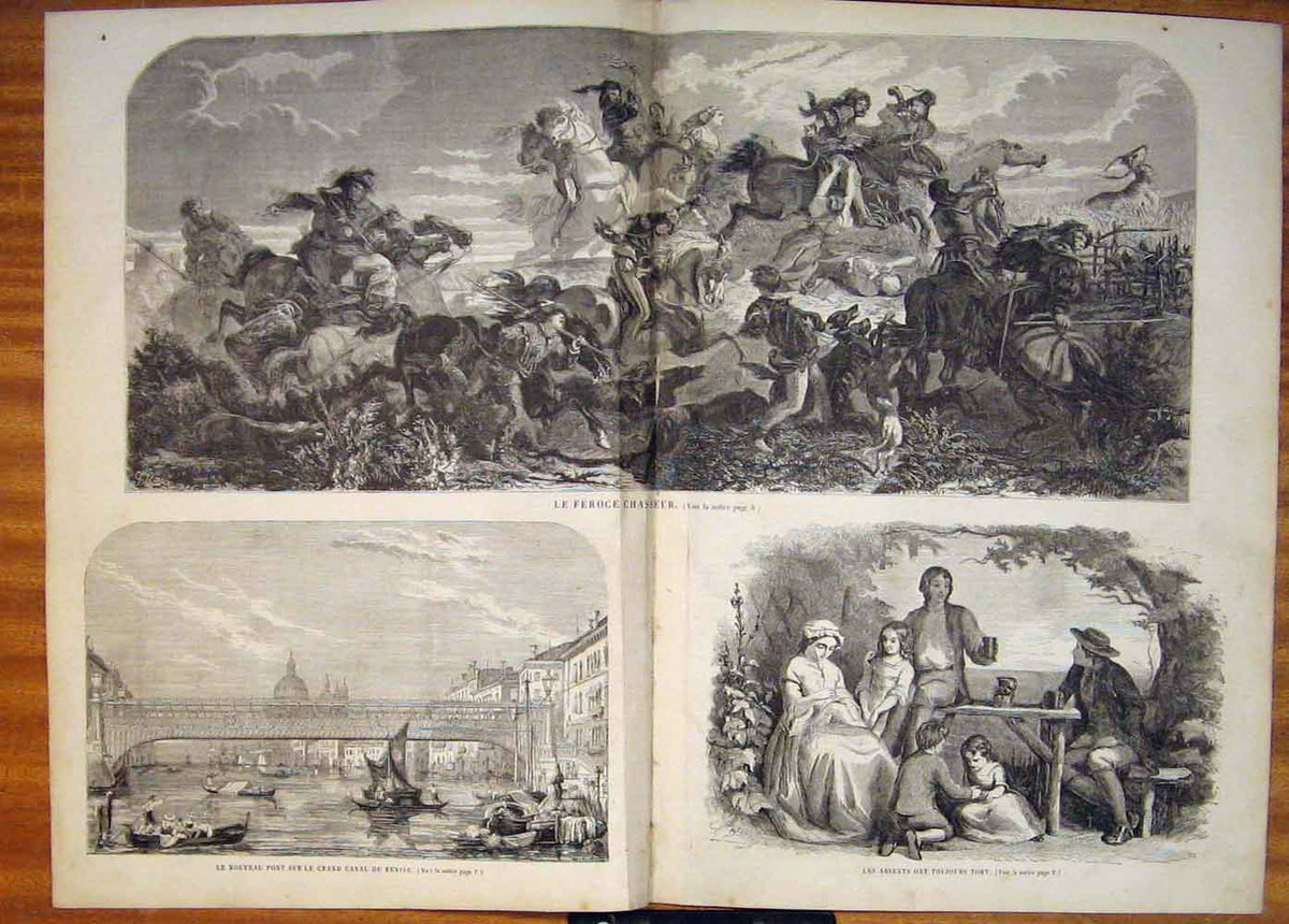 Old Antique Print Deer Hunt Hunting Horse Hounds Venice Canal Boat 1858 19th