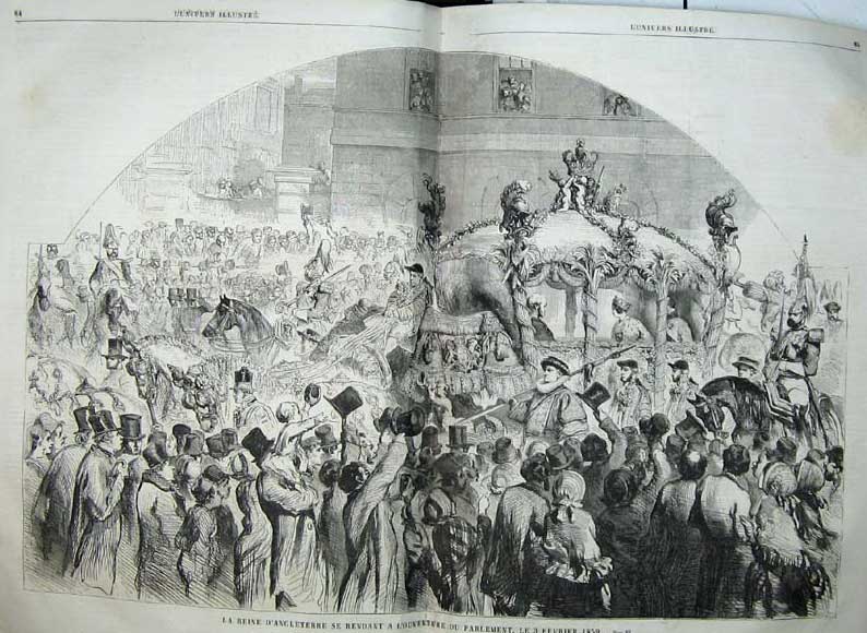 Original Old Antique Print British Opening Parliament London Queen 1858 19th