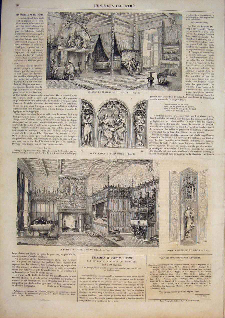 Old Antique Print France D?∂???Cor Castle Bedroom Fourteenth Century Room