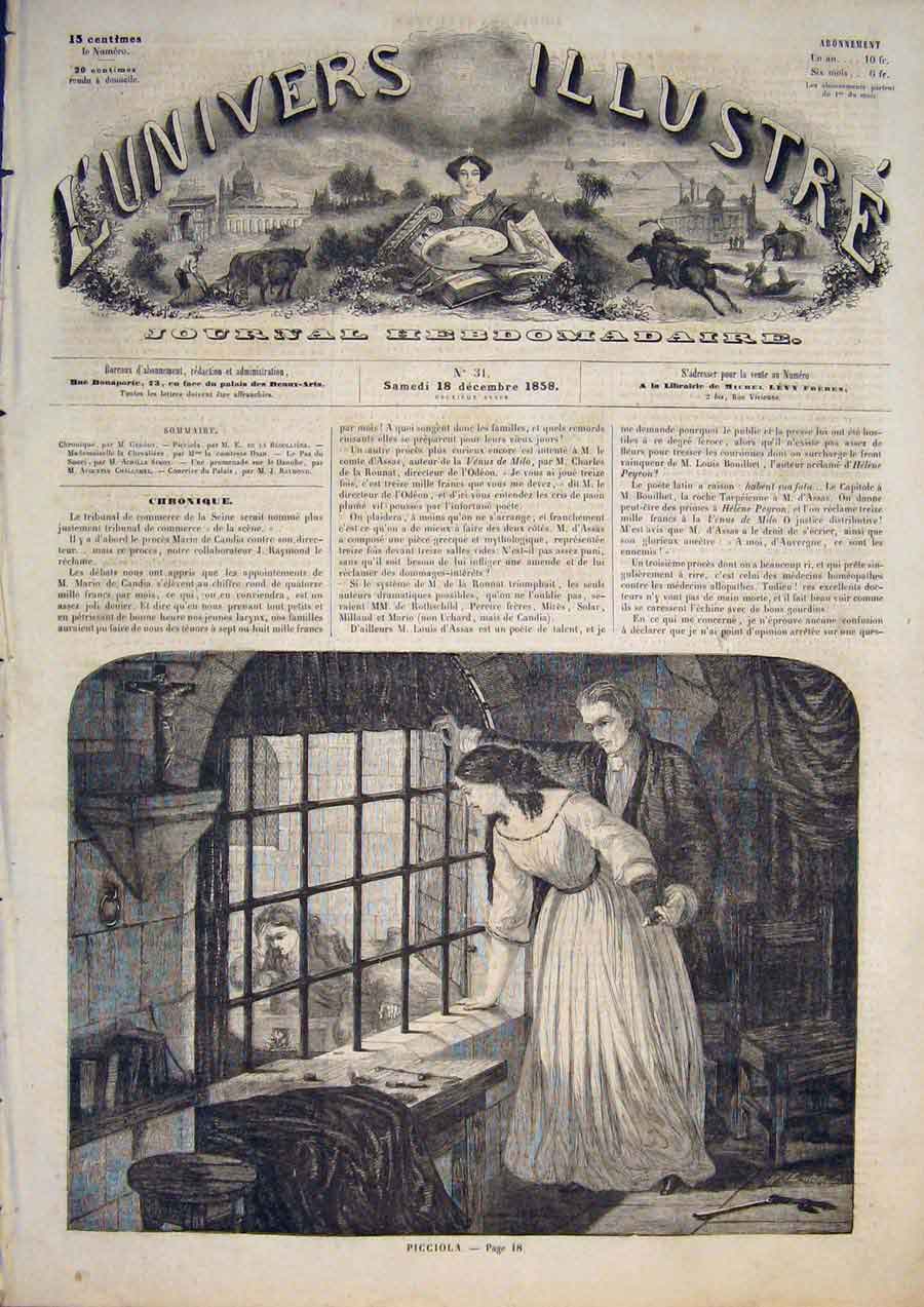 Original Old Antique Print Picciola Saintine Paris France 1859 19th