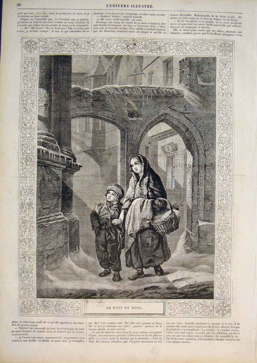 Old Antique Print Christmas Eve Snow Child Children Street Fine Art 1859 19th