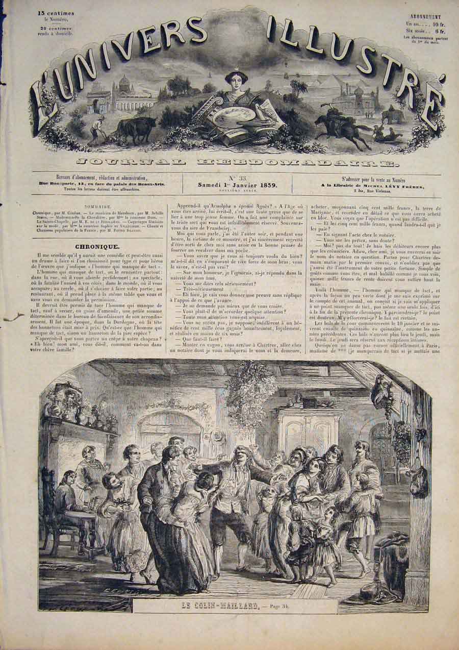 Original Old Antique Print Le Colin-Maillard Games Blind Mans Buff Party 1859