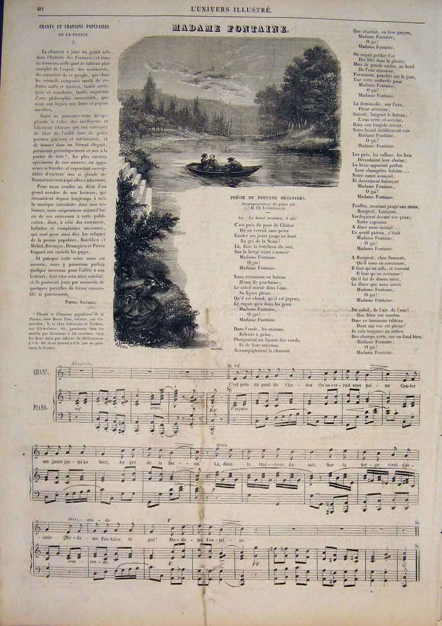 Original Old Antique Print Music Score Sheet Madame Fontaine Song 1859 Victorian