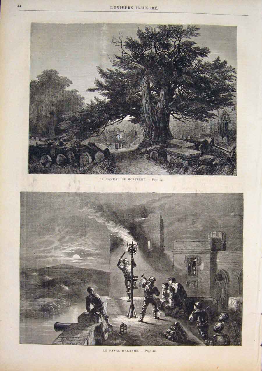 Original Old Antique Print De Montvert Tree Woods Alarm War Battle 1859 19th