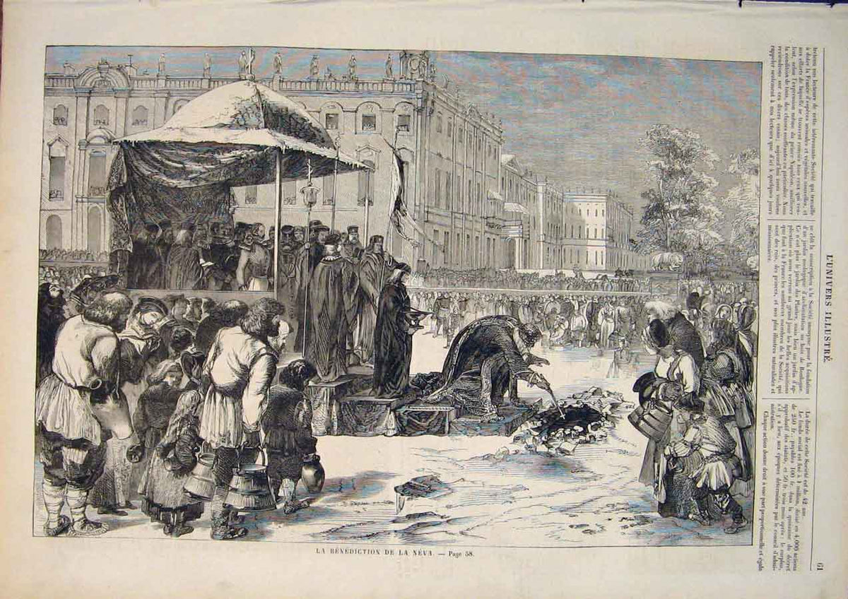 Original Old Antique Print Benediction Neva Service Ceremony Paris France 1859