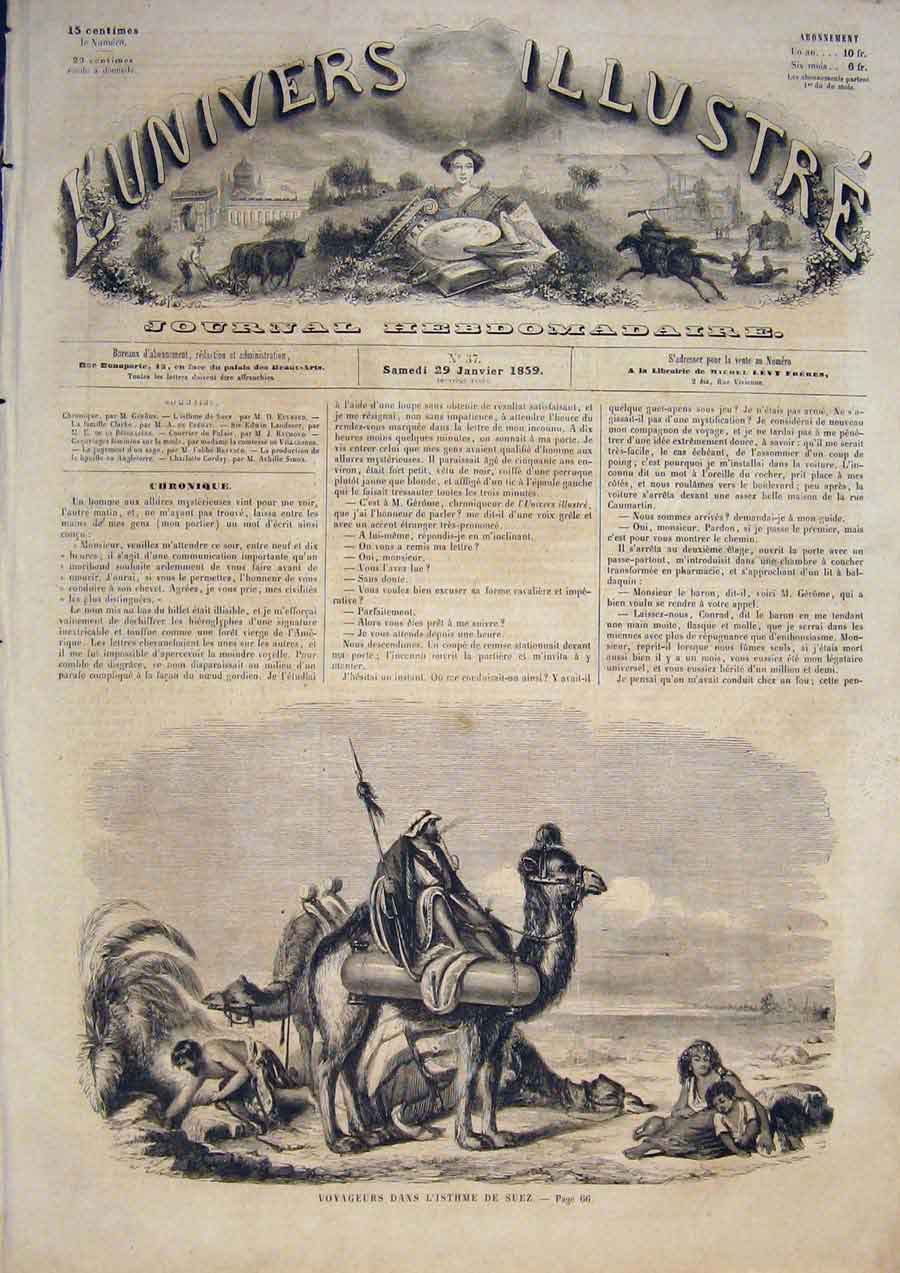 Original Old Antique Print Suez Camel Cairo Egypt Camels 1859 19th