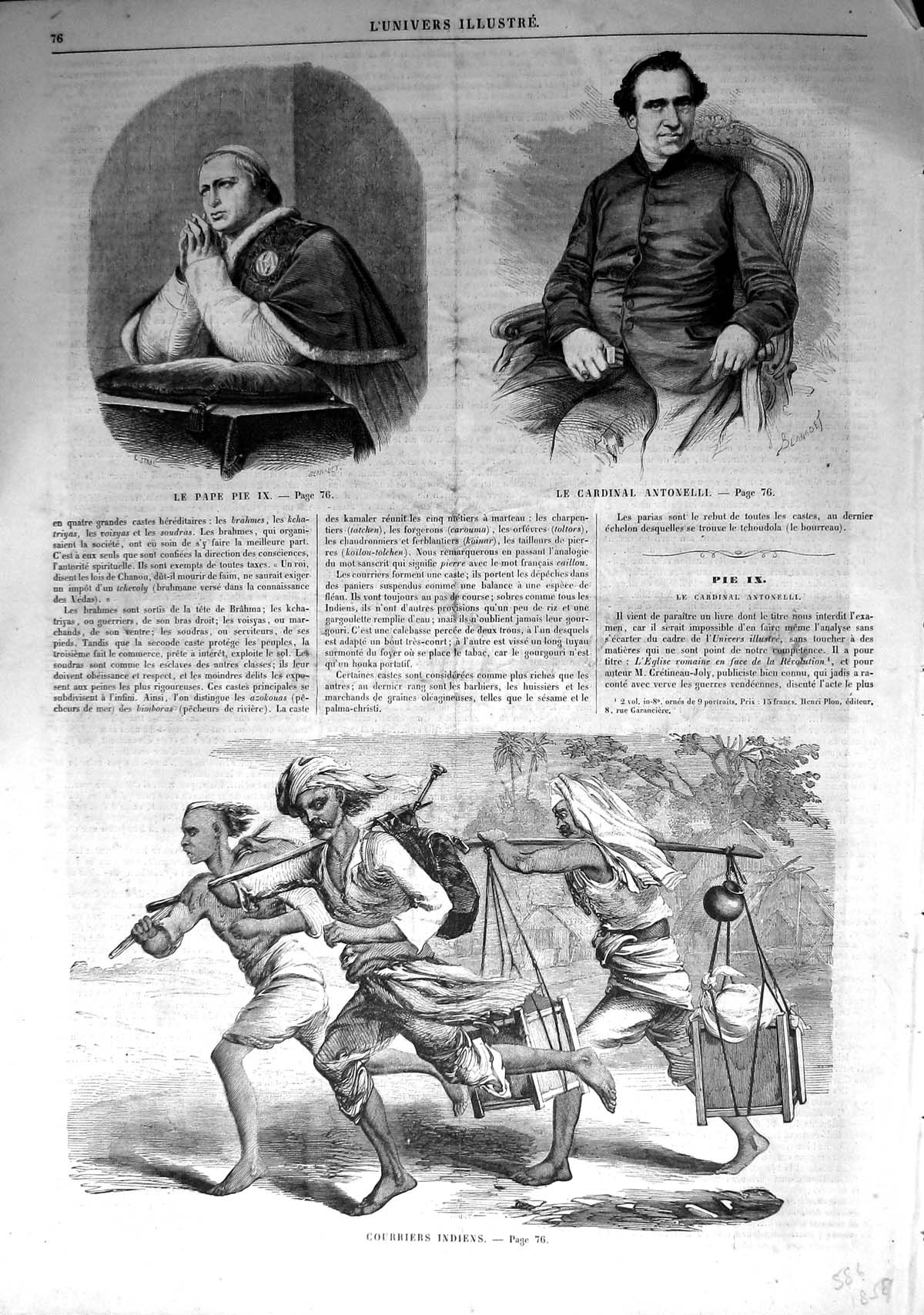 Old Antique Print Pope Pie Pius Cardinal Antonelli Indian Couriers India