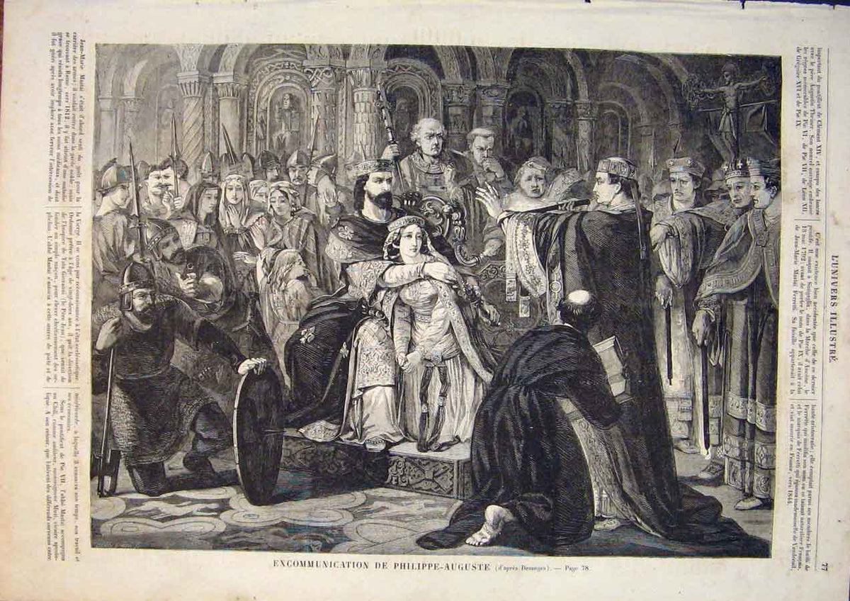 Original Old Antique Print Phillippe Auguste Excommunication Desanges 1859 19th