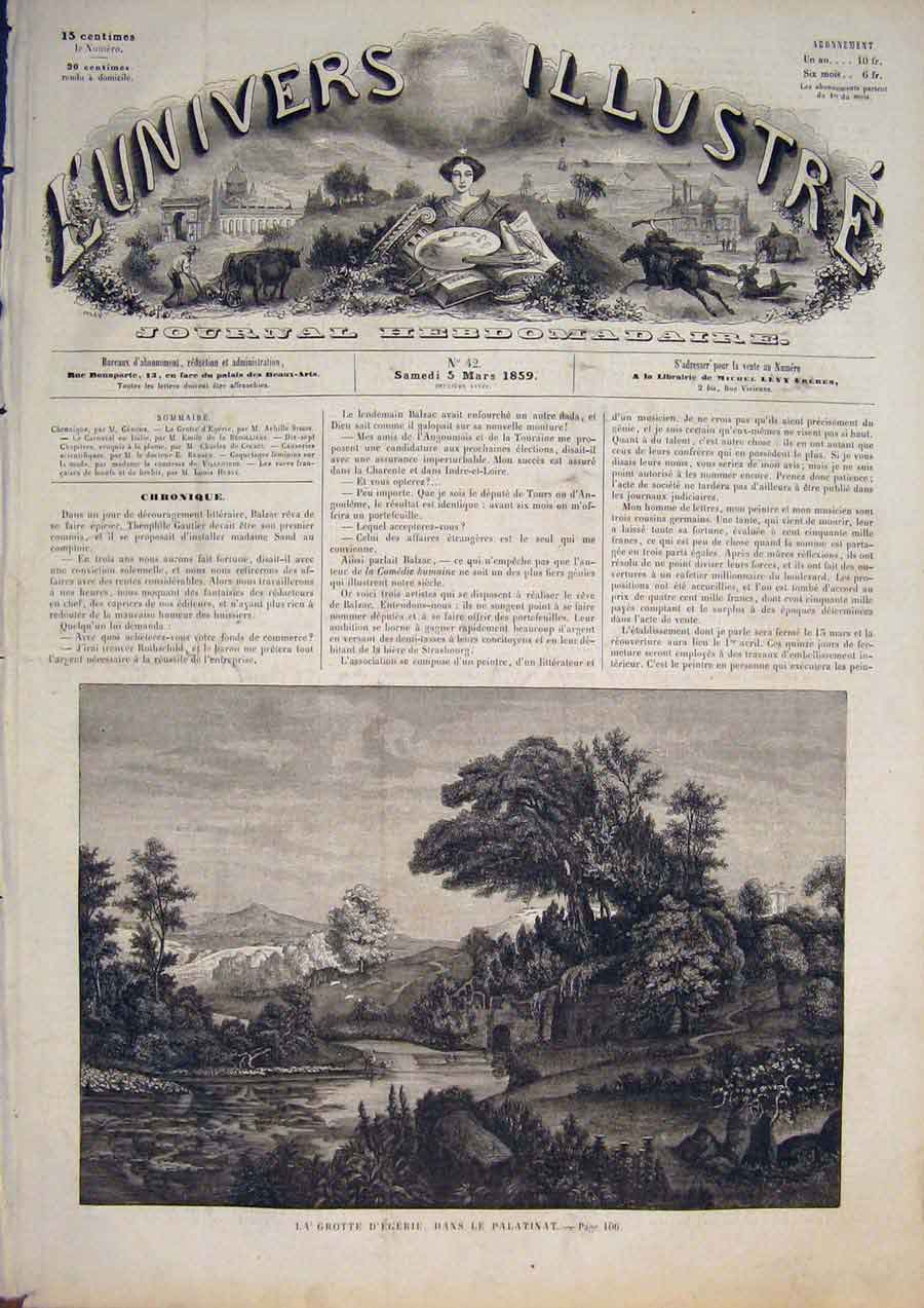 Original Old Antique Print Grotto Egerie Topffer River Birds Cave 1859 Victorian