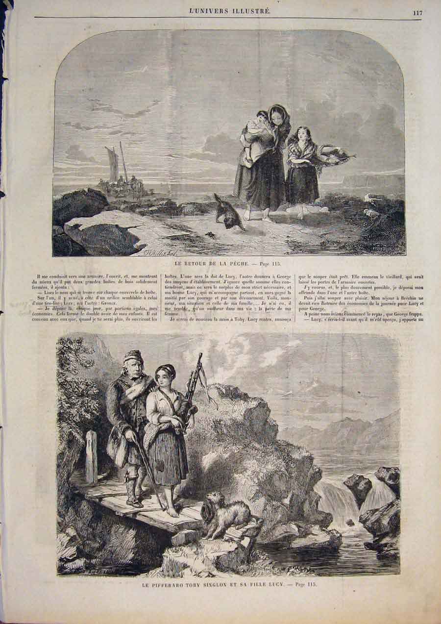 Original Old Antique Print Fish Fishermen Beach Singlon Lucy Dog 1859 Victorian