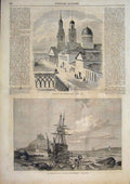 Original Old Antique Print Kronstadt Russia Kinrop Castle Bay Ship 1859 19th