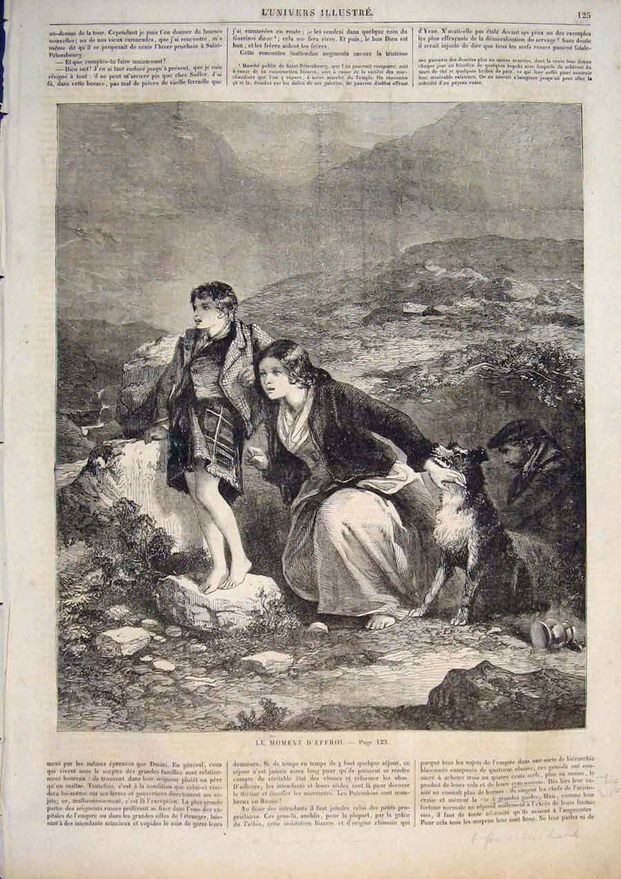 Original Old Antique Print Lady Dog Child Fear Fine Art 1859 19th