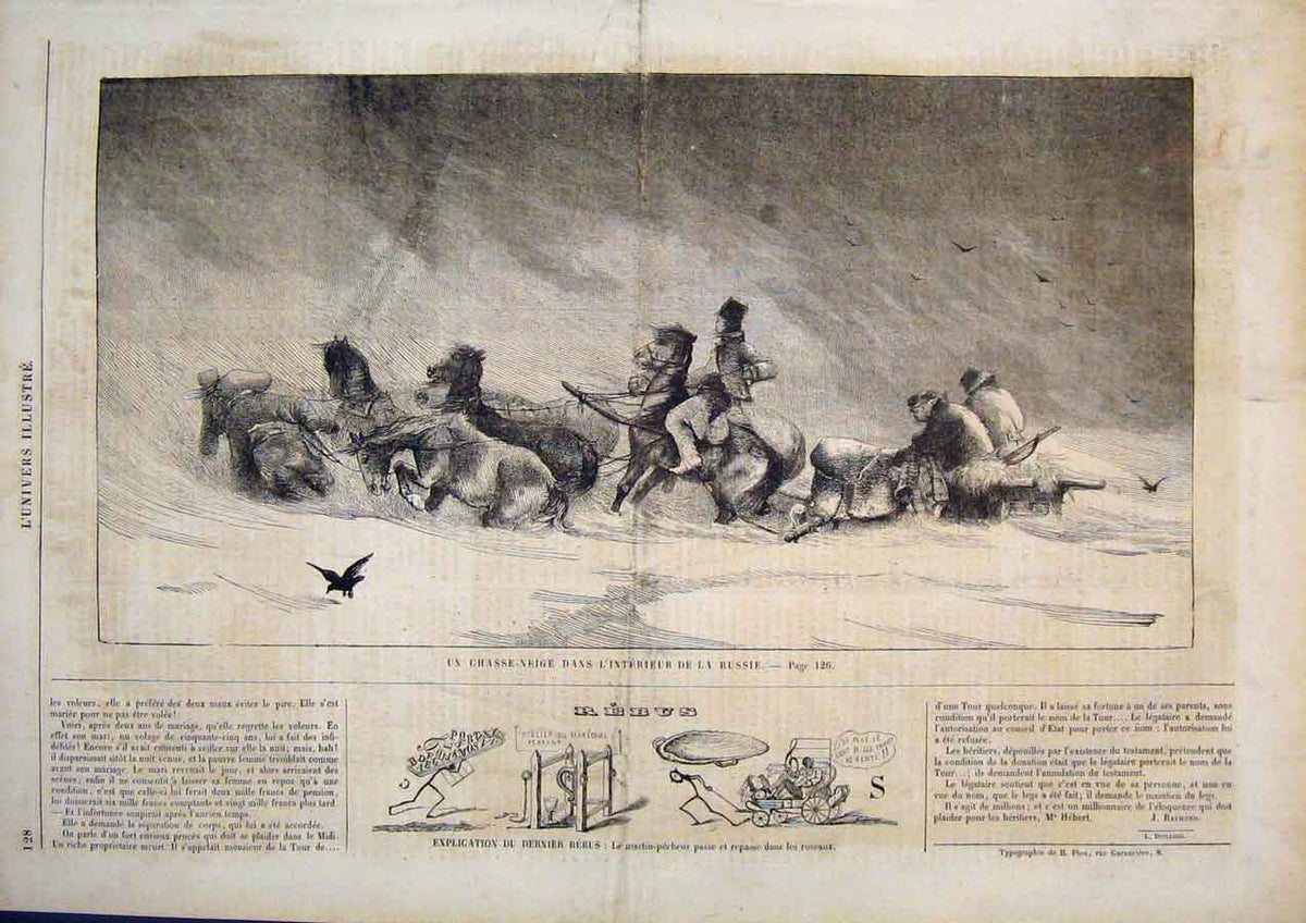 Original Old Antique Print Russian Interior Snow Storm Russia Horses 1859 19th