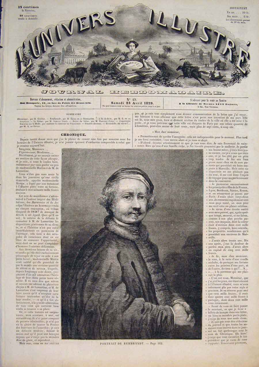 Original Old Antique Print Portrait Rembrandt Fine Art 1859 Artist Victorian