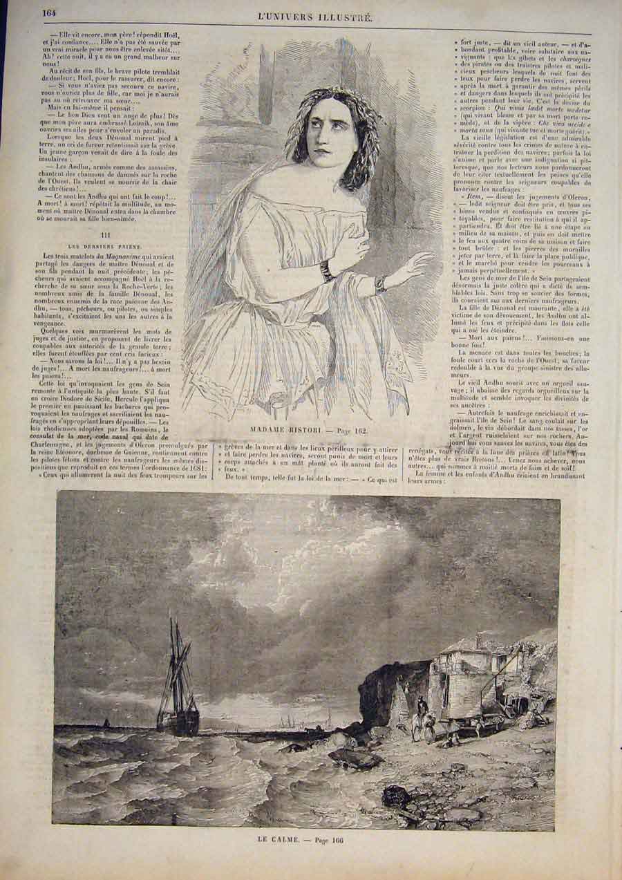 Original Old Antique Print Portrait Ristori Sea Beach Fine Art 1859 Victorian