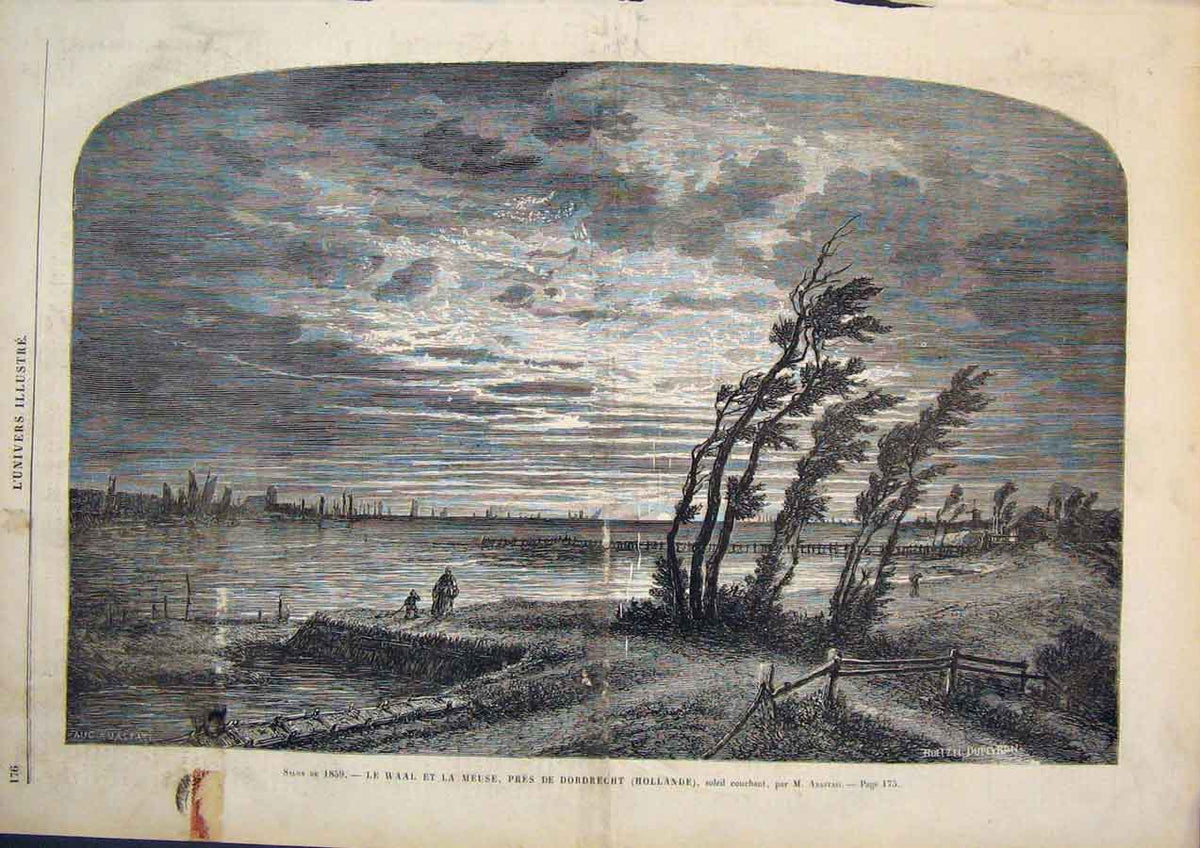 Original Old Antique Print Holland Anastasi Dordrecht Sea River Fine Art 1859