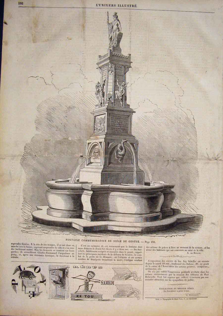 Original Old Antique Print Fountain Geneva Switzerland Memorial 1859 Victorian