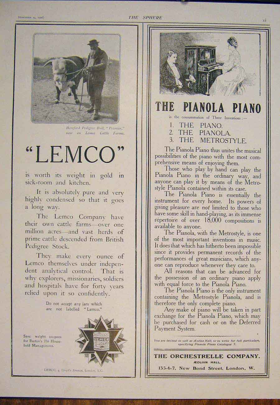 Original Old Antique Print Lemco Hereford Bull Pianola Piano Advert 1906 20th