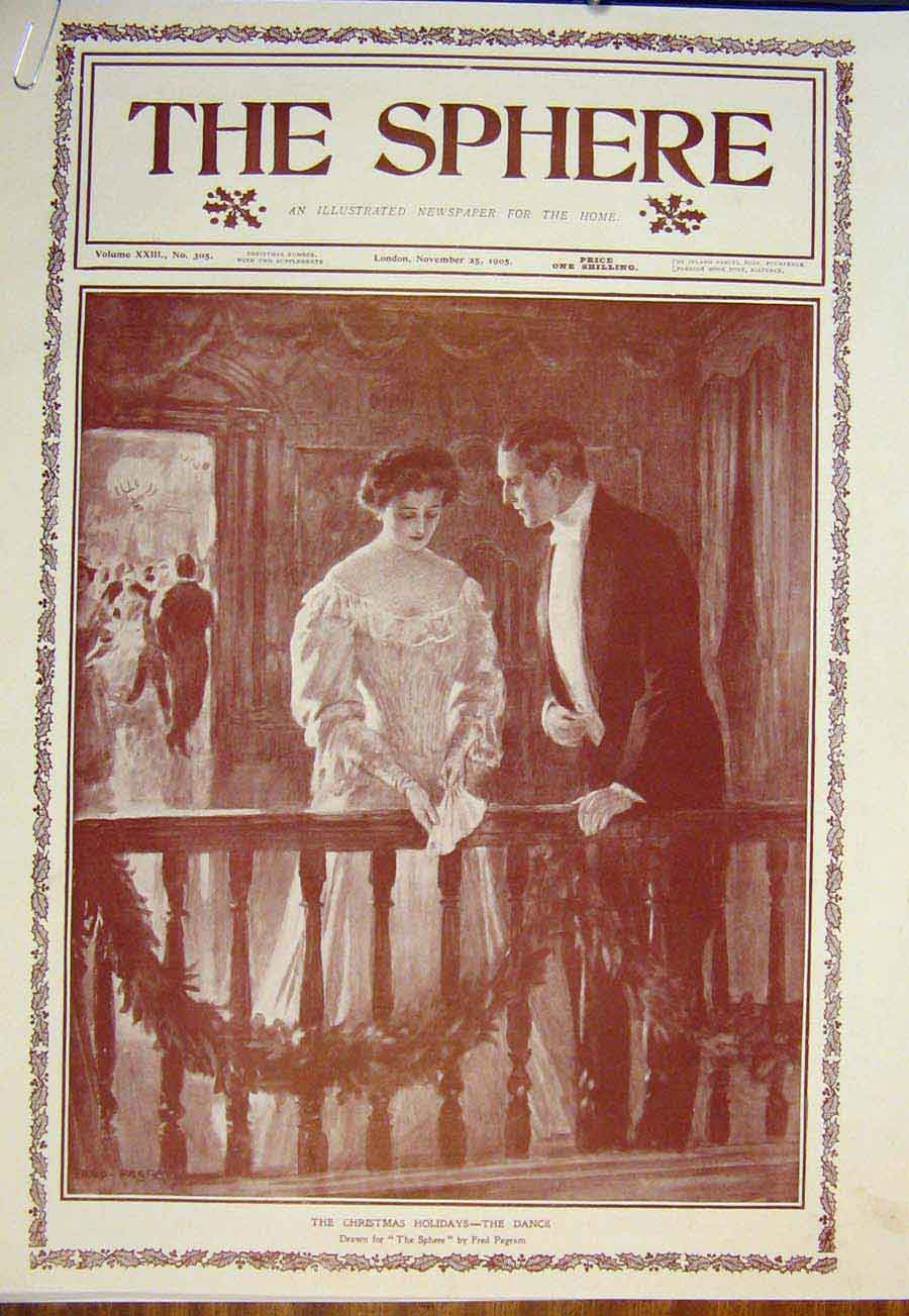 Original Old Antique Print Christmas Dance Sepia Harry Pegram Fine Art 1905