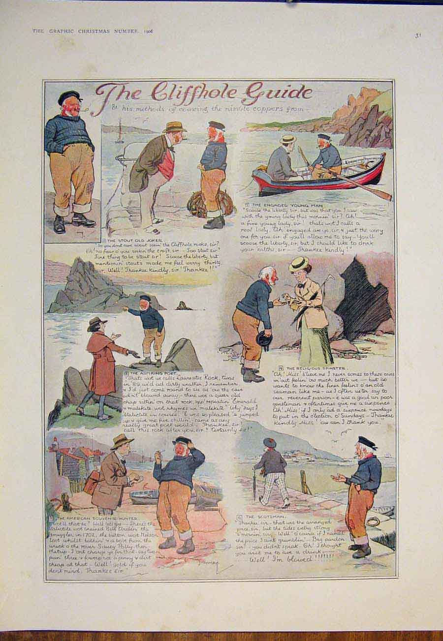 Original Old Antique Print Cliffhole Guide Boat Ferryman Sketch Fine Art 1905