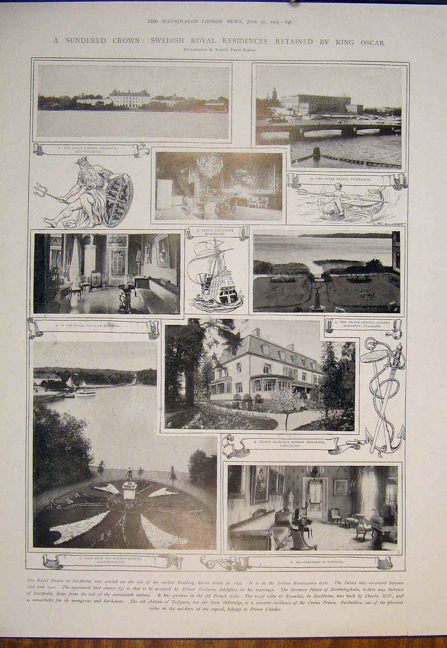 Original Old Antique Print King Oscar Swedish Royal Residence Sweden Stockholm
