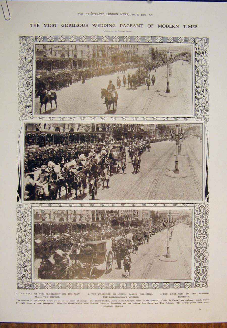 Original Old Antique Print Wedding Pageant Spain Church Atocha Madrid 1905 20th