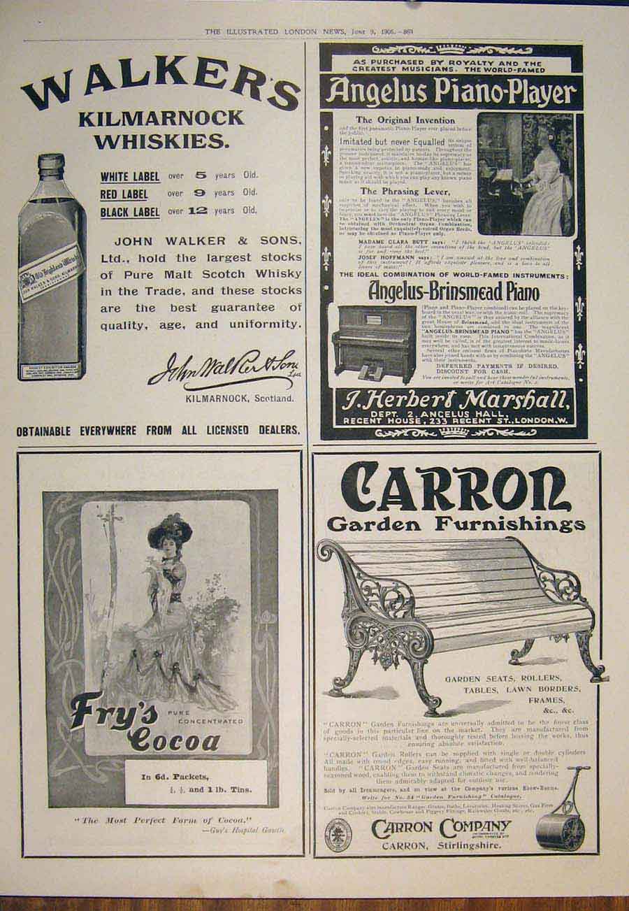 Original Old Antique Print Advert Walker'S Piano Cocoa Fry'S Carron Garden 1906